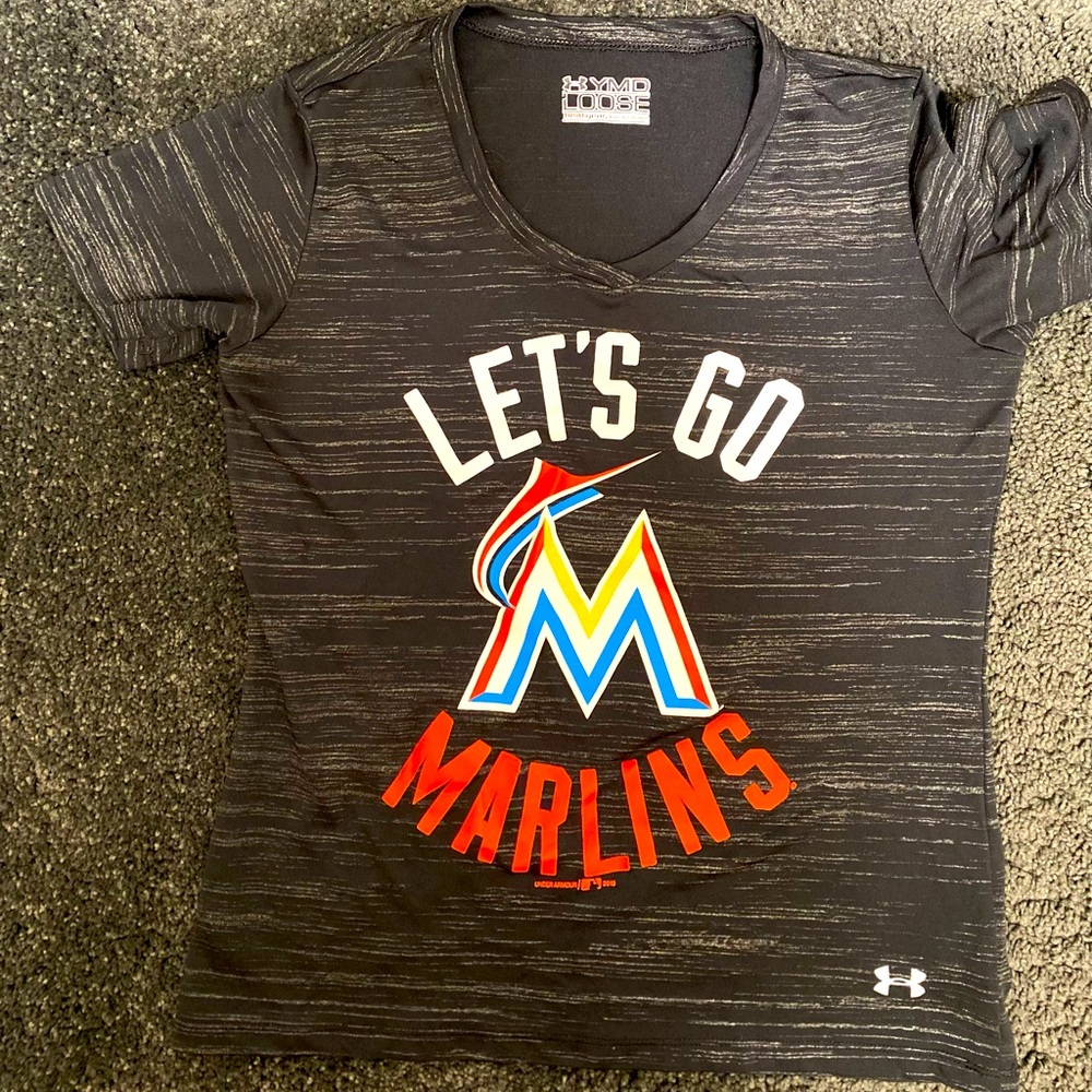 Marlins vneck small dry fit shirt, super comfortable, Miami sports fashion.